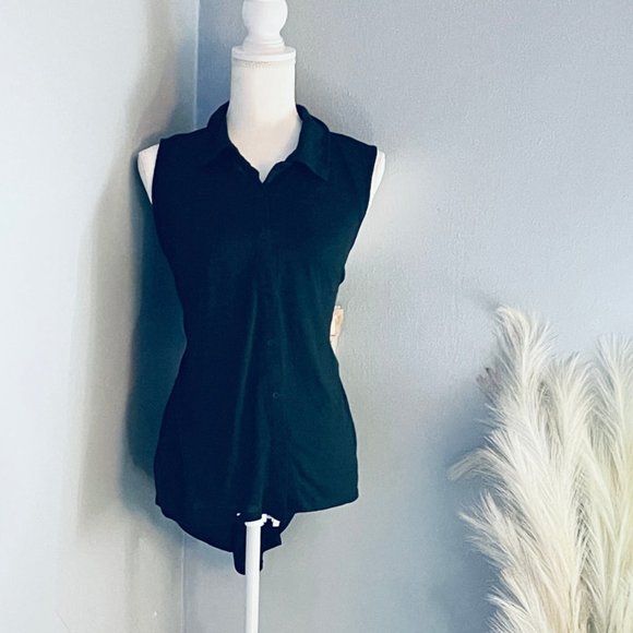 Canyon River Blues Cotton Stretch Button Down Open Back Sleeveless Black Top NWT - Picture 1 of 5